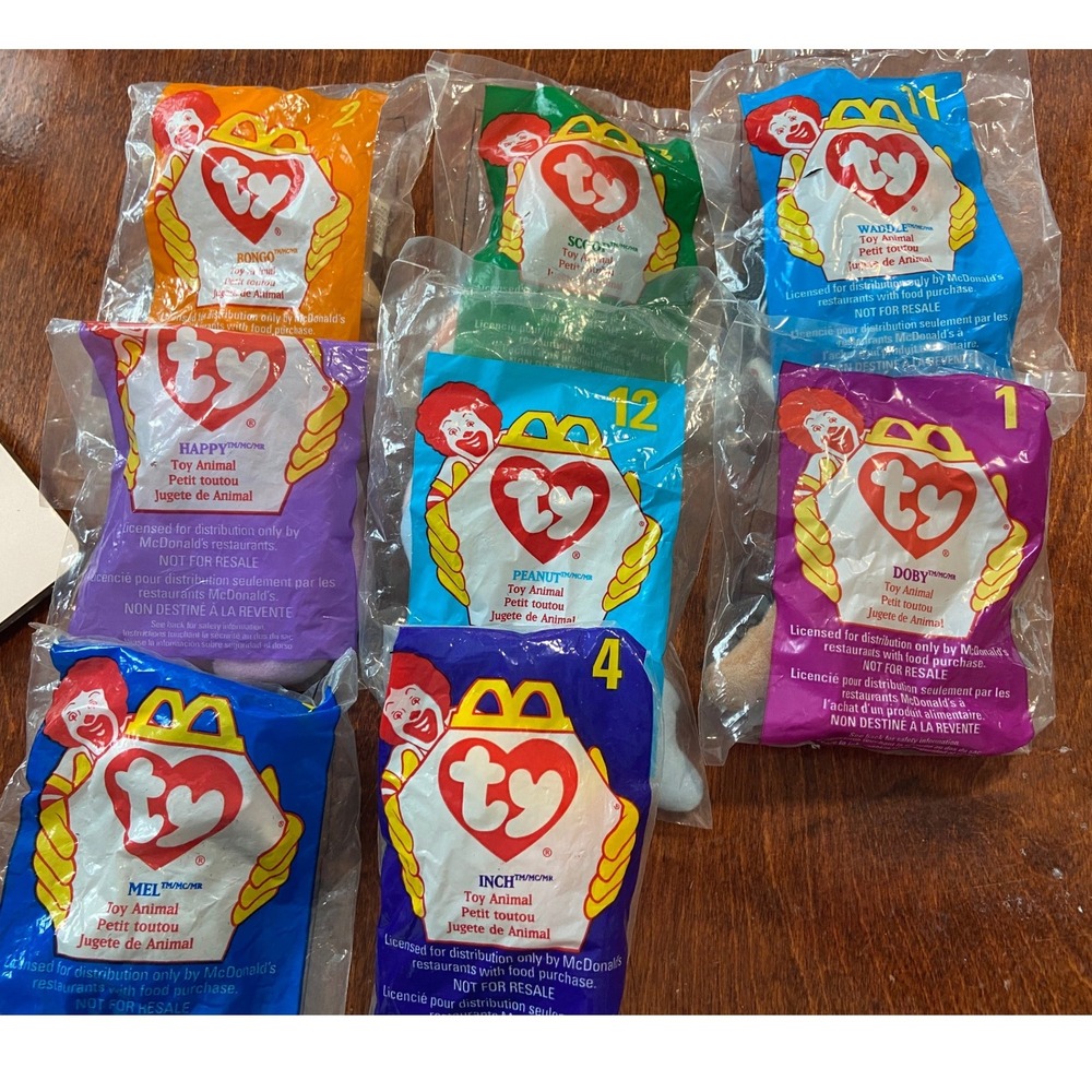 1998 McDonald's Ty Teenie Beanie Babies Sealed Lot of 9 Doby Bongo Peanut Inch